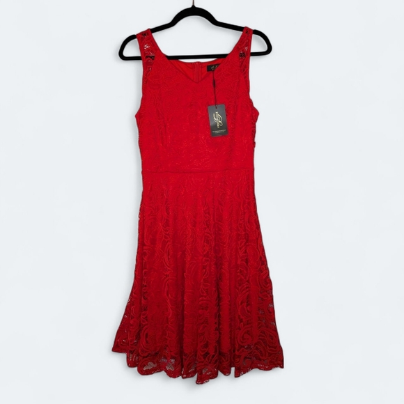 Dressystar Red Lace Overlay Fit Flare Dress Sleeveless Cocktail Holiday Elegant - Picture 3 of 14